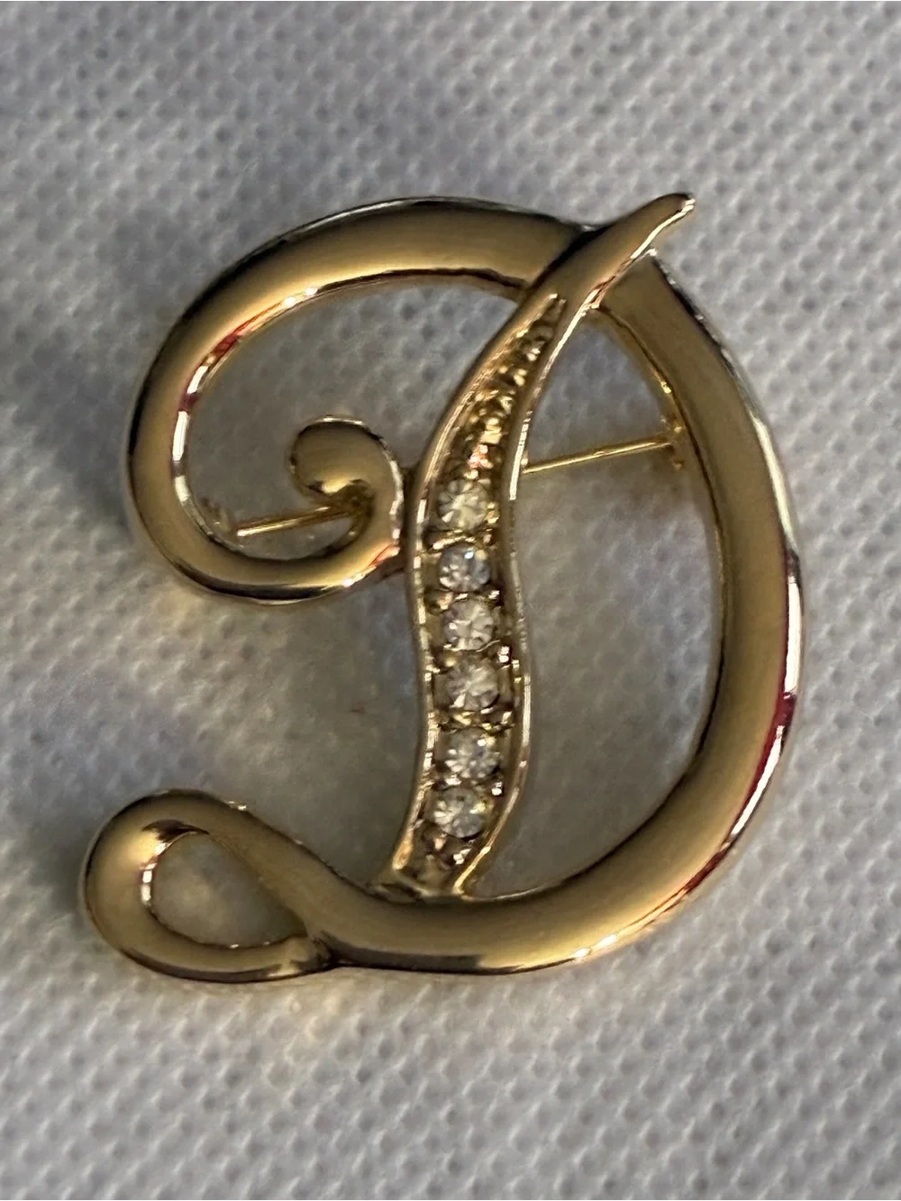 Gold-Tone 'D' Initial Brooch with Rhinestone Accents